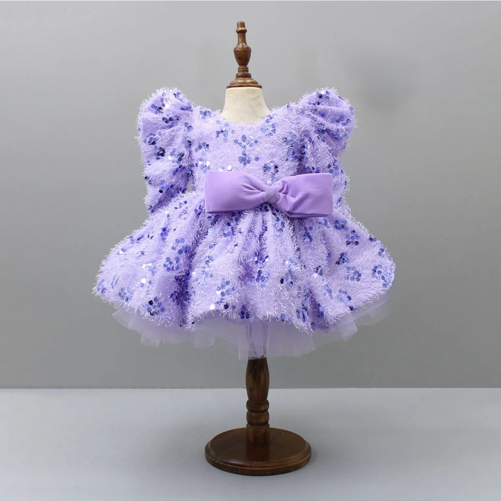 Stylish Sleeves party wear fancy Exquisite Lavender Fur Dress 4/5 years old girl